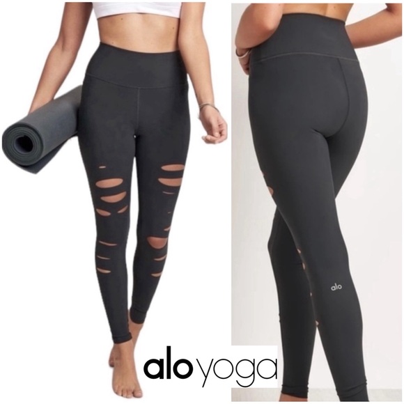 ALO Yoga Pants - Alo Yoga High Waist Ripped Warrior Legging Dark Grey NWOT~Medium